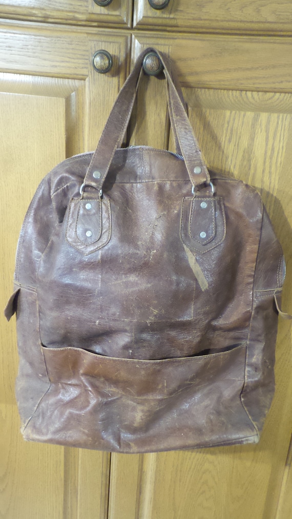 Vintage WORN LEATHER Travel BAG, Tote, 1970's, La… - image 1