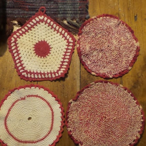 4 Vintage CROCHETED POT HOLDERS Red & White, Handmade