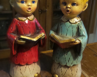 2 Vintage CHOIRBOYS Figurines, Christmas, Red, Blue, Chalkware, 7-1/4"