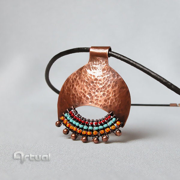 Copper pendant, wire jewelry, birthday gift, copper jewelry, wire wrapped necklace jewelry, tribal jewelry gift for her, beaded boho gift