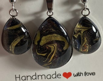 Unique Purple Black and Gold Fluid Art Necklace and Dangle Earrings Set - Handmade - Wearable Art Jewelry - Hand Painted - One of a kind