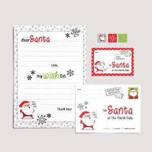 Lista de deseos navideños, carta imprimible a Papá Noel, etiqueta de dirección, plantilla de sobre, pegatinas navideñas, carta de Papá Noel, PDF