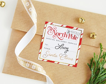 Personalized Santa Tags, Santa Gift Tag Stickers, North Pole Delivery, Santa Tags, Christmas Gift, Red Stripes North Pole Special Delivery