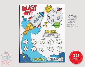 10 Tasks - Rocket Ship Reward Chart for Kids, Chore Chart, Good Behavior, Homework Tracker, Routine Chart for Kids