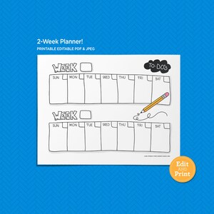 Può includere: Un planner stampabile di due settimane con un design in bianco e nero. Il planner ha due sezioni per "Settimana" con spazi per ogni giorno della settimana, da domenica a sabato. C'è una sezione per "Da fare" con uno spazio per scrivere. Il planner ha un disegno a matita in bianco e nero di una matita con una gomma rosa.