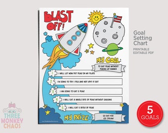 Rocket Ship Goal Chart, Bravery Ladder, Goal Setting for Kids, Reward Chart, Homework Tracker, Chore Chart for Kids, Printable Editable PDF