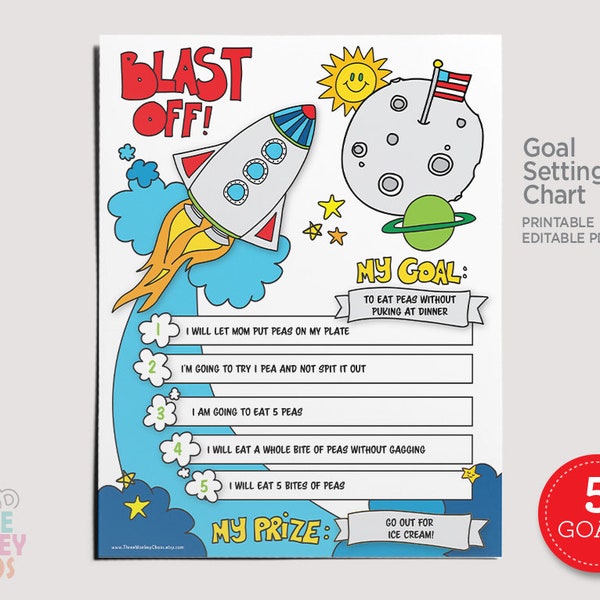 Rocket Ship Goal Chart, Bravery Ladder, Goal Setting for Kids, Reward Chart, Homework Tracker, Chore Chart for Kids, Printable Editable PDF