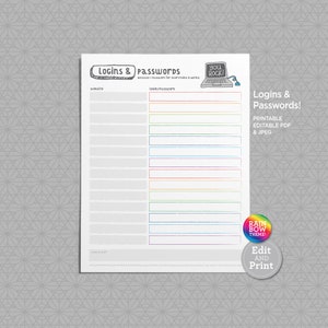 Op de afbeelding: Een printbare login- en wachtwoordtracker met een regenboogthema. Het blad heeft een sectie voor website en inloggegevens/wachtwoord. De tekst luidt "You Rock!" en "Because passwords for everything is hard".