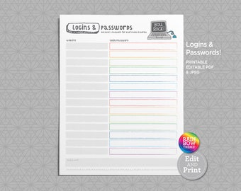Website Logins and Passwords | Virtual Learning | Student Logins | Home Planner | Organization Chart | Rainbow Theme | Printable PDF & JPEG
