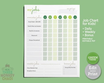 Printable Chore Chart - Green | Daily, Weekly, Bonus Job Chart | Kids Chores & Tasks | Responsibilities Checklist | Editable PDF Download