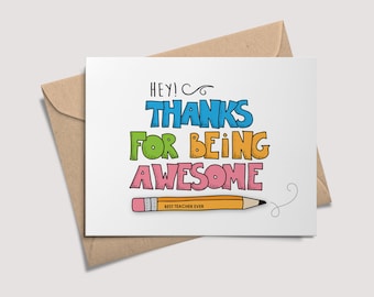 Thanks for Being Awesome, Teacher Appreciation Card, Thank You Card, Best Teacher Ever, Back to School Note, Teacher Gift, Printable Card