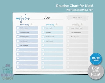 Blue - Routine Chart for Kids | Morning, Evening, Weekly Jobs | Daily Routine | Kids Rewards Chart | Checklist | Editable PDF Download