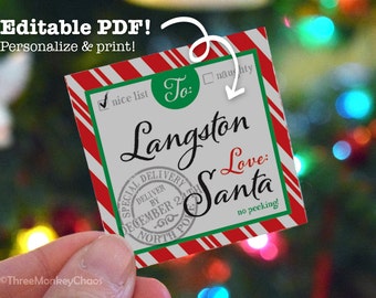 Santa Gift Tags, Printable Gift Tags, Red Stripes, Personalized Tags, Editable PDF