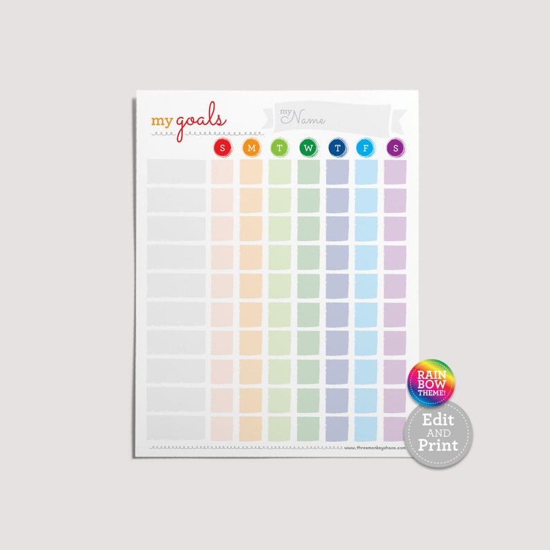 My Goals Rainbow Printable Goal Chart, Habit Tracker, Daily Routine, Daily Goal Chart, Responsibilities Checklist image 2