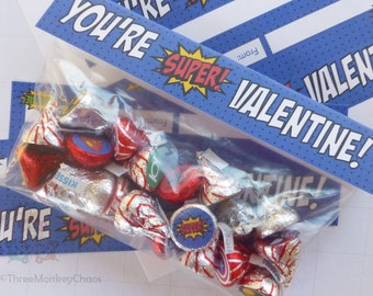 Super Hero Printable Valentines, Kids Valentines, Hershey Kisses Stickers, Treat Bag Toppers, Classroom Valentines Cards, Valentine Stickers