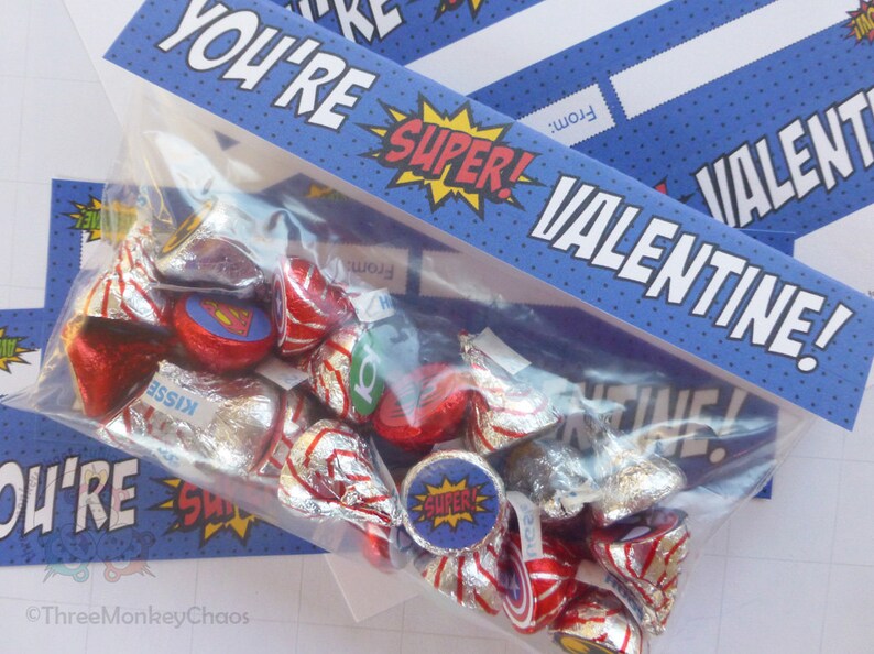 Super Hero Printable Valentines, Kids Valentines, Hershey Kisses Stickers, Treat Bag Toppers, Classroom Valentines Cards, Valentine Stickers image 1