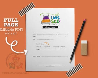 FULL PAGE - Sick Note / Absent Note | School Excuse Note | Note for Teacher | 8.5" x 11" Editable Digital PDF - You type your info & print!