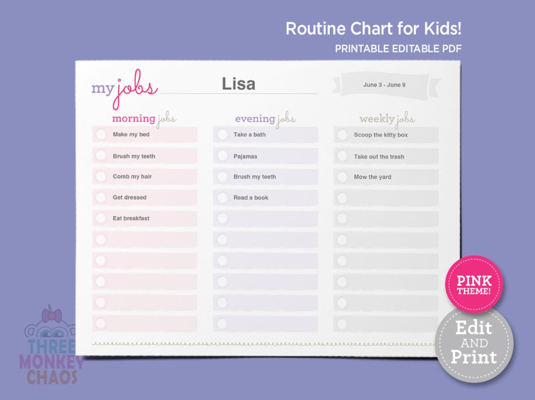 PINK - Routine Chart for Kids | Morning, Evening, Weekly Jobs | Daily ...