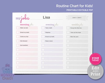 PINK - Routine Chart for Kids | Morning, Evening, Weekly Jobs | Daily Routine | Kids Rewards Chart | Checklist | Editable PDF Download