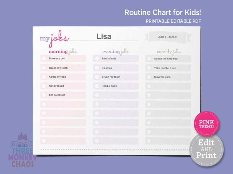 PINK Routine Chart for Kids Morning Evening Weekly Jobs - Etsy Australia