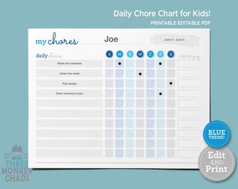 Blue - Chore Chart for Kids | Weekly Chores | Daily Job Chart | Kids Rewards Chart | Responsibilities Checklist | Editable PDF Download