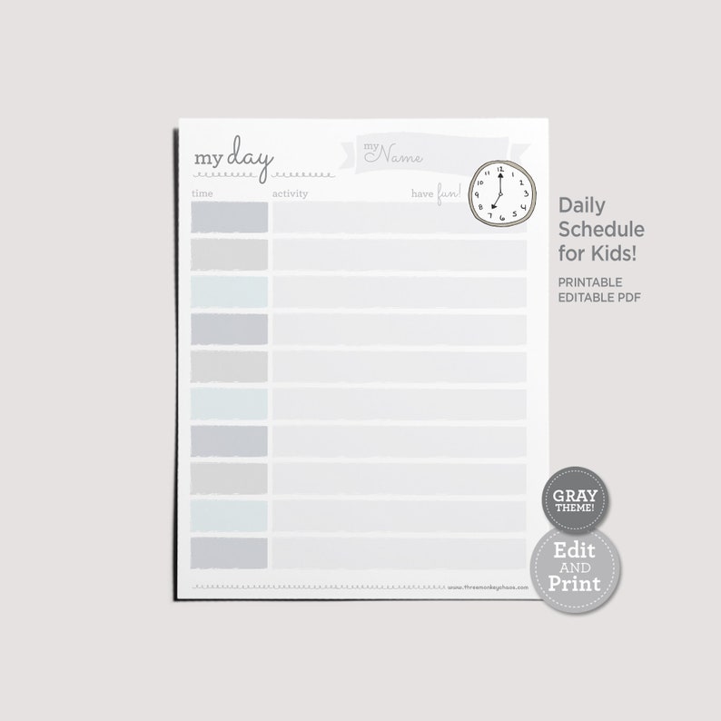 PRINTABLE Daily Schedule Gray Daily Routine Kids Chores Responsibilities PDF & JPEG image 1