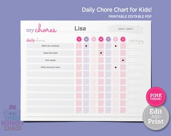 PINK - Chore Chart for Kids | Weekly Chores | Daily Job Chart | Kids Rewards Chart | Responsibilities Checklist | Editable PDF Download