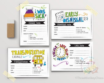 School Excuse Notes - Set of 4 | Note for Teacher | Editable Digital PDF - You type your info & print!