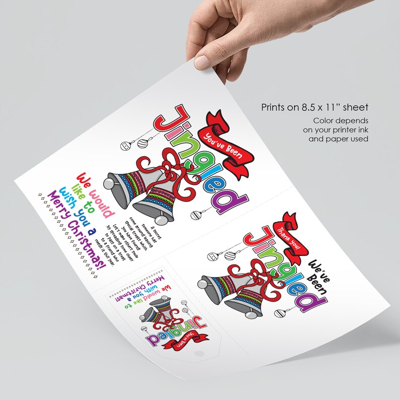 May include: Printable Christmas card with a colorful jingle bell design. The card reads "You've Been Jingled" and "We would like to wish you a Merry Christmas!" The card is printed on an 8.5 x 11 inch sheet of paper.