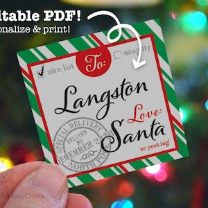 Santa Gift Tags, Printable Gift Tags, Green Stripes, Personalized Tags, Editable PDF
