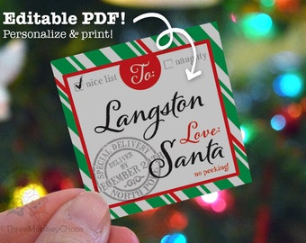 Santa Gift Tags, Printable Gift Tags, Green Stripes, Personalized Tags, Editable PDF