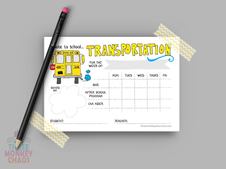 Weekly Transportation Note | Bus Note | After School Program | Car ...