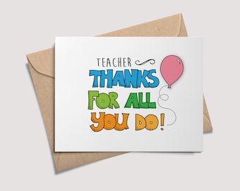 Thanks for All You Do, Teacher Appreciation Card, Thank You Card, Best Teacher Ever, Back to School Note, Thank you Teacher, Printable Card