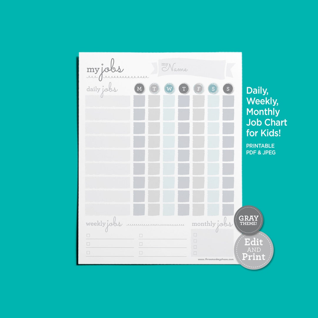 PRINTABLE Job Chart - Gray | Daily, Weekly, Monthly Chore Chart | Kids Tasks | Responsibilities ...