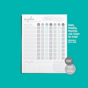 PRINTABLE Job Chart - Gray | Daily, Weekly, Monthly Chore Chart | Kids Tasks | Responsibilities Checklist | PDF & JPEG