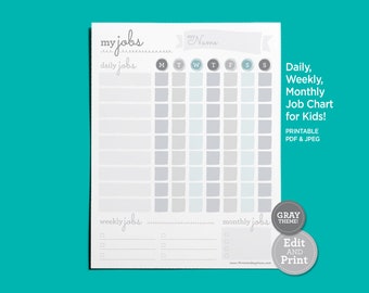 PRINTABLE Job Chart - Gray | Daily, Weekly, Monthly Chore Chart | Kids Tasks | Responsibilities Checklist | PDF & JPEG