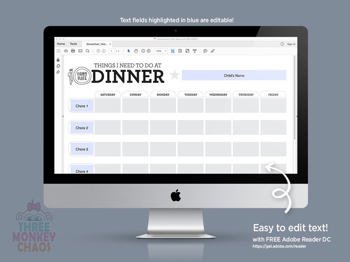 1 Kid DINNER Routine Chart Reward Chart Chore Chart | Etsy