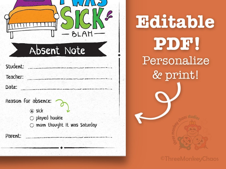 Absent /sick Note School Excuse Note Note for Teacher Editable Digital