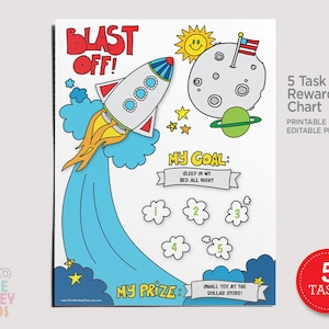 5 Aufgaben - Rocket Ship Reward Chart, druckbare Aufgabenübersicht für Kinder, gutes Behaviour, Hausaufgaben-Tracker, Routine-Chart, Ziele für Kinder