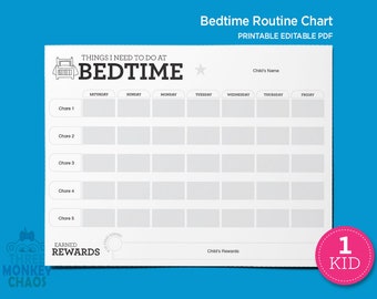 1 Kid | BEDTIME Routine Chart | Reward Chart | Chore Chart | Daily Schedule Checklist | Behavior Rewards | Printable Editable PDF