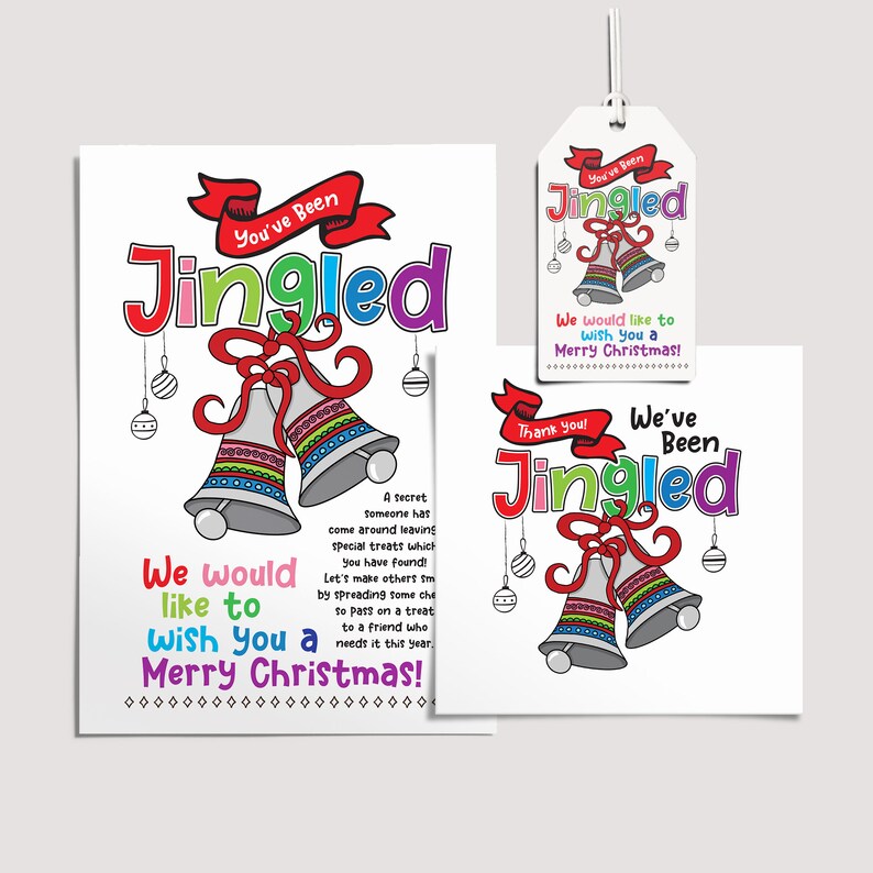 May include: A colorful Christmas card with the text "You've Been Jingled" and a message wishing someone a Merry Christmas. The card features two silver bells with colorful stripes and red bows.