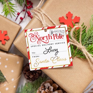 Etichette di Babbo Natale personalizzate, adesivi con etichette regalo di Babbo Natale, consegna al Polo Nord, etichette di Babbo Natale, regalo di Natale, consegna speciale al Polo Nord con strisce rosse immagine 3