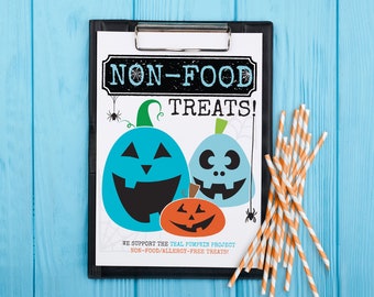 May include: A printable sign with the text "NON-FOOD TREATS!" and a teal pumpkin project logo. The sign features three cartoon pumpkins with different facial expressions. The text "WE SUPPORT THE TEAL PUMPKIN PROJECT NON-FOOD/ALLERGY-FREE TREATS!" is at the bottom of the sign.
