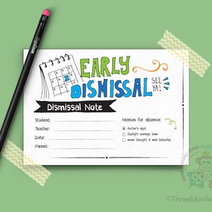 Note du médecin imprimable / Licenciement anticipé / Note d'excuse de l'école / Dentiste / Absence excusée / Note pour l'enseignant / Téléchargement instantané PDF MODIFIABLE