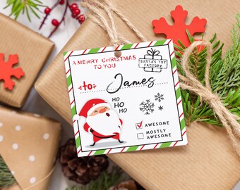 May include: A white gift tag with red and green stripes. It says "A Merry Christmas to You" and has a Santa Claus illustration. The tag is tied with twine to a brown gift box. The text on the tag says "to: James" and has a checkbox that says "Awesome" that is checked.