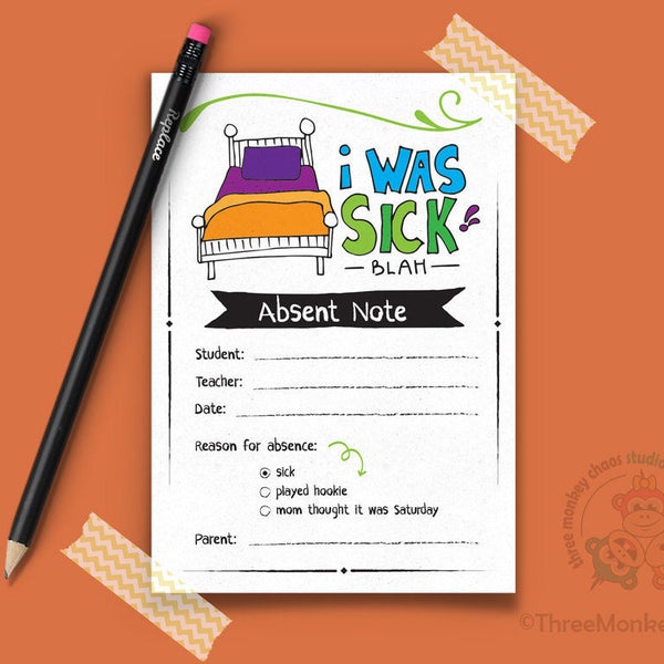 Absent /Sick Note | School Excuse Note | Note for Teacher | Editable Digital PDF - You type your info & print!
