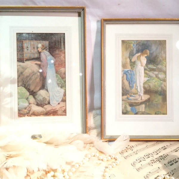 Paar (x2) Collectable Vintage William Henry Margetson worden afgedrukt op zijde In gouden Frame - Picture Frame Set antiek - antieke ingelijste afdrukken #xxxx