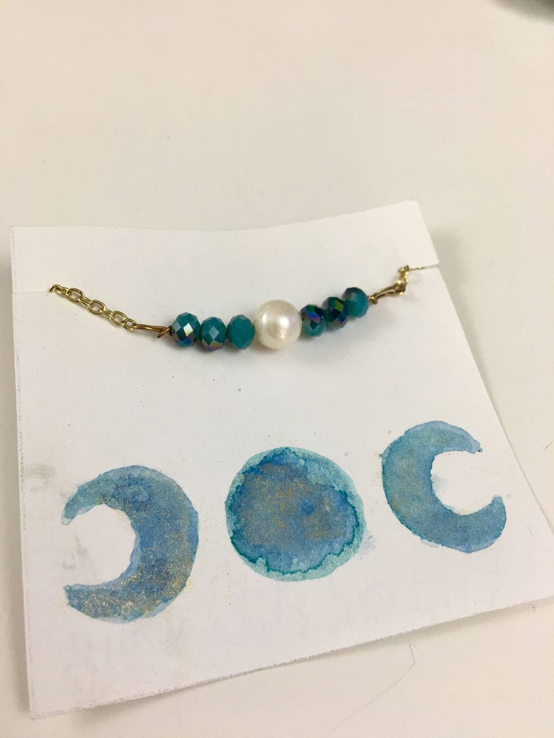 Pearl Turquoise Beaded Chain Bracelet Dainty Chain Bracelet Freshwater Pearl and Turquoise Crystal Glass Beaded Bracelet Gold Chain