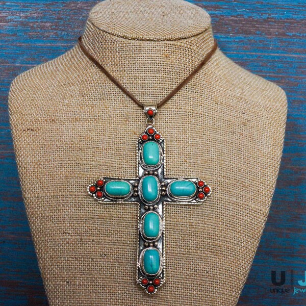 Boho Pendant, Cross Pendant, Cross Necklace, Handmade,German Silver Pendant,Turquoise Pendant,Multi Stone Pendant, Hipster, Bohemian Pendant