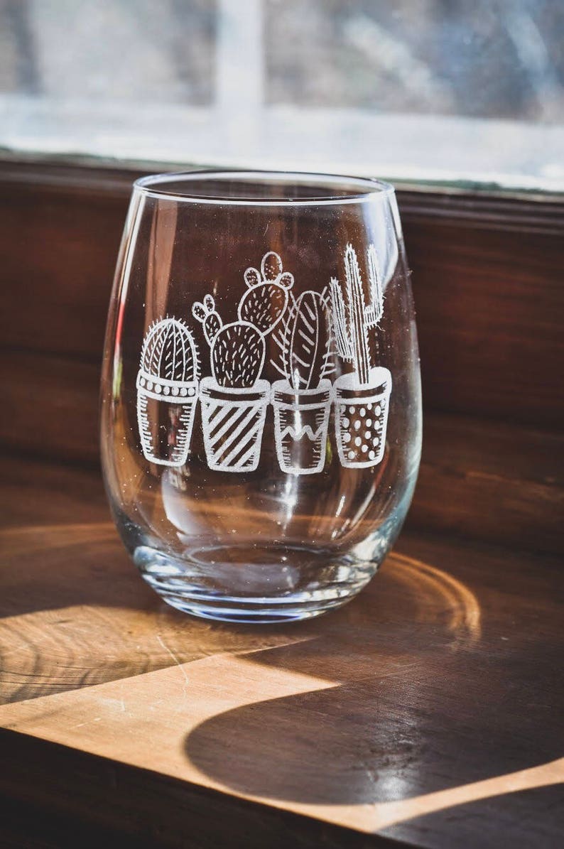 Laser Etched Wine Glass Succulents Cacti Cactus Plants Etsy